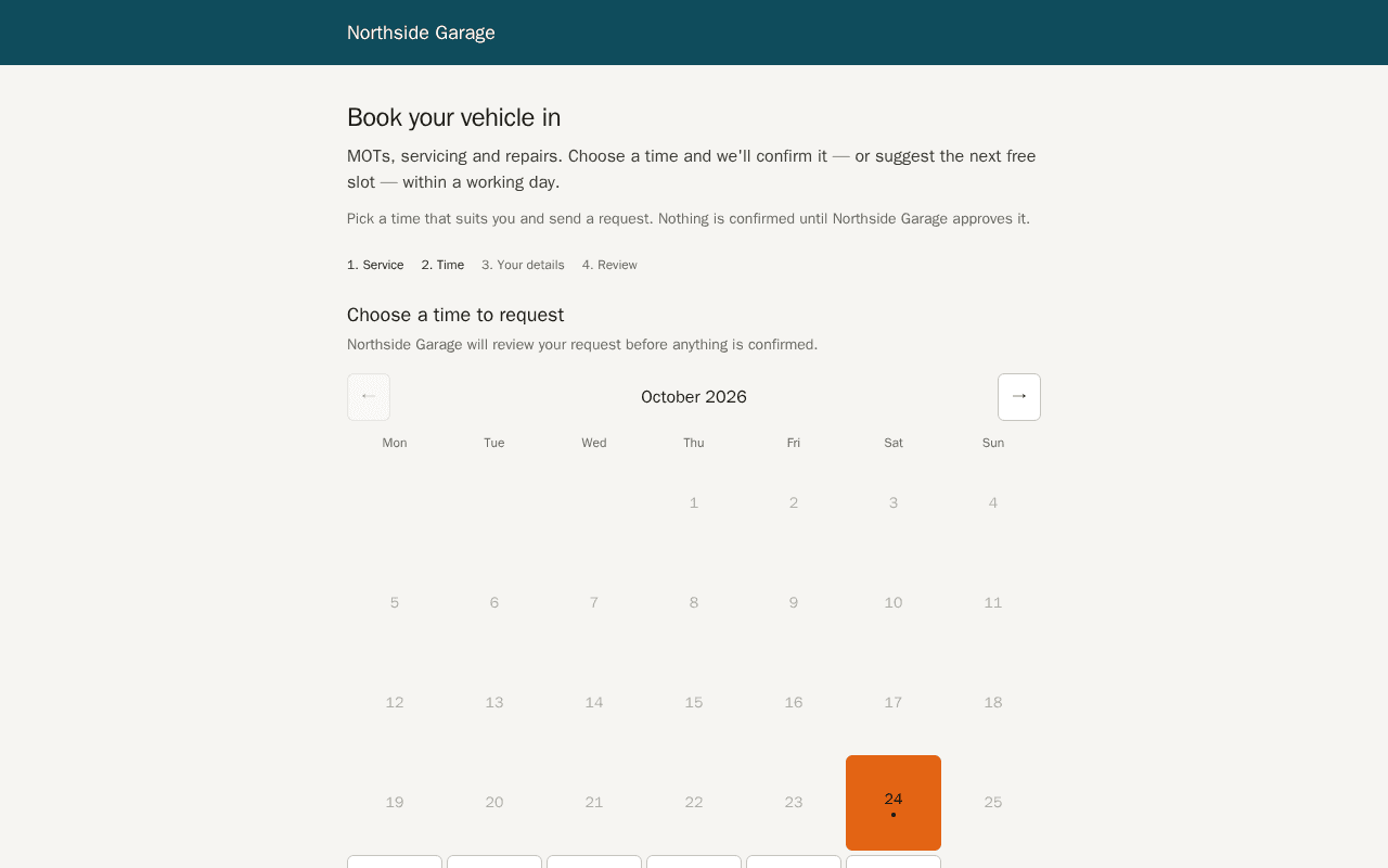 A booking page showing available appointment times for a chosen service.