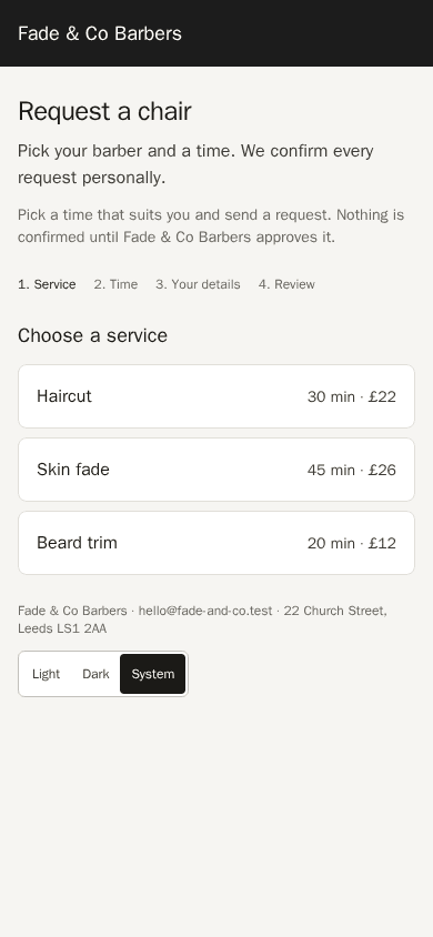 A branded booking page on a phone, showing services with durations and prices.